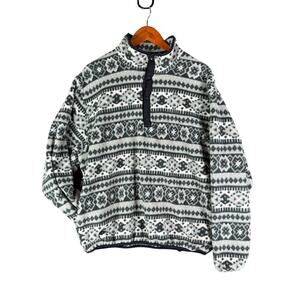 L.L. Bean Aztec Fleece Quarter Button Snap Pullover Vintage 90's Gray‎ Mens XL